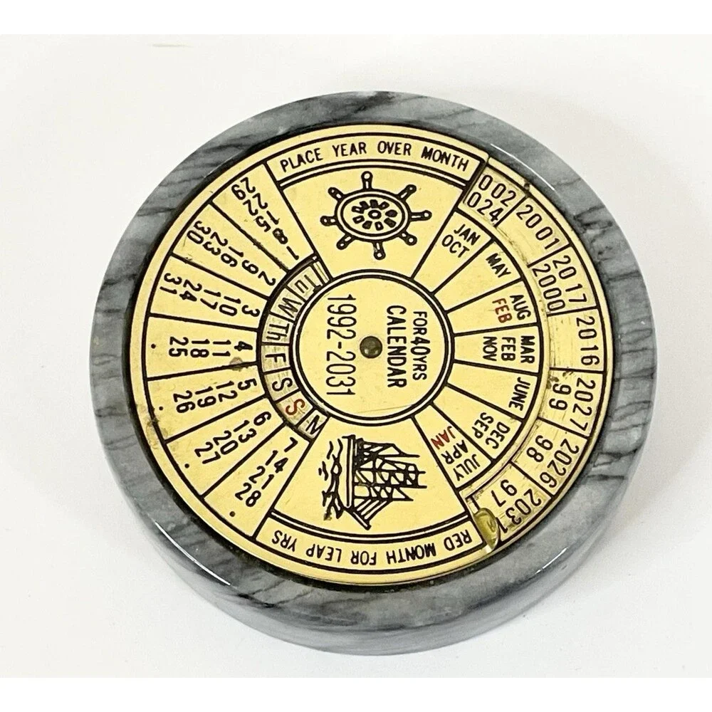 40 Year Perpetual Desk Calendar 1992-2031 Brass & Marble Paperweight Nautical